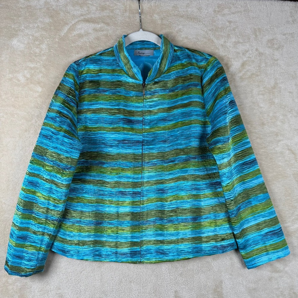 Analogy Womens Blue Green Striped Crinkle Texture Zip Up Jacket Mandarin Collar